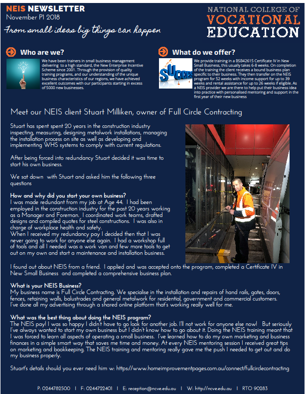 NEIS Newletter November 2018 P1 New Enterprise Incentive Scheme
